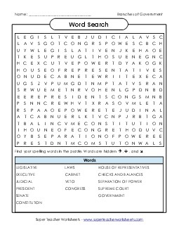 Word Search Puzzle Branches Of Government Worksheet