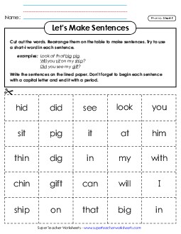 Let\'s Make Sentences: Short I Words Phonics Long Short I Worksheet