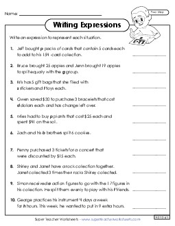 Writing Expressions (Two Steps) Worksheet