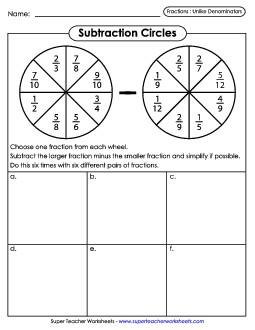 Subtraction Circles (Fractions w/ Unlike Denominators) Worksheet