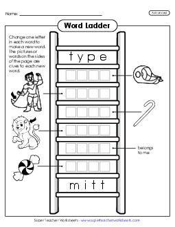 New Advanced Word Ladder: Type to Mitt Worksheet