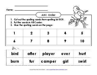 ABC Order: Cut and Glue (B-28) Spelling B Worksheet