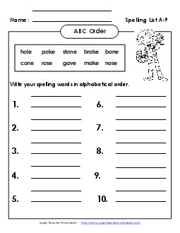 ABC Order: Write (A-9) Spelling A Worksheet