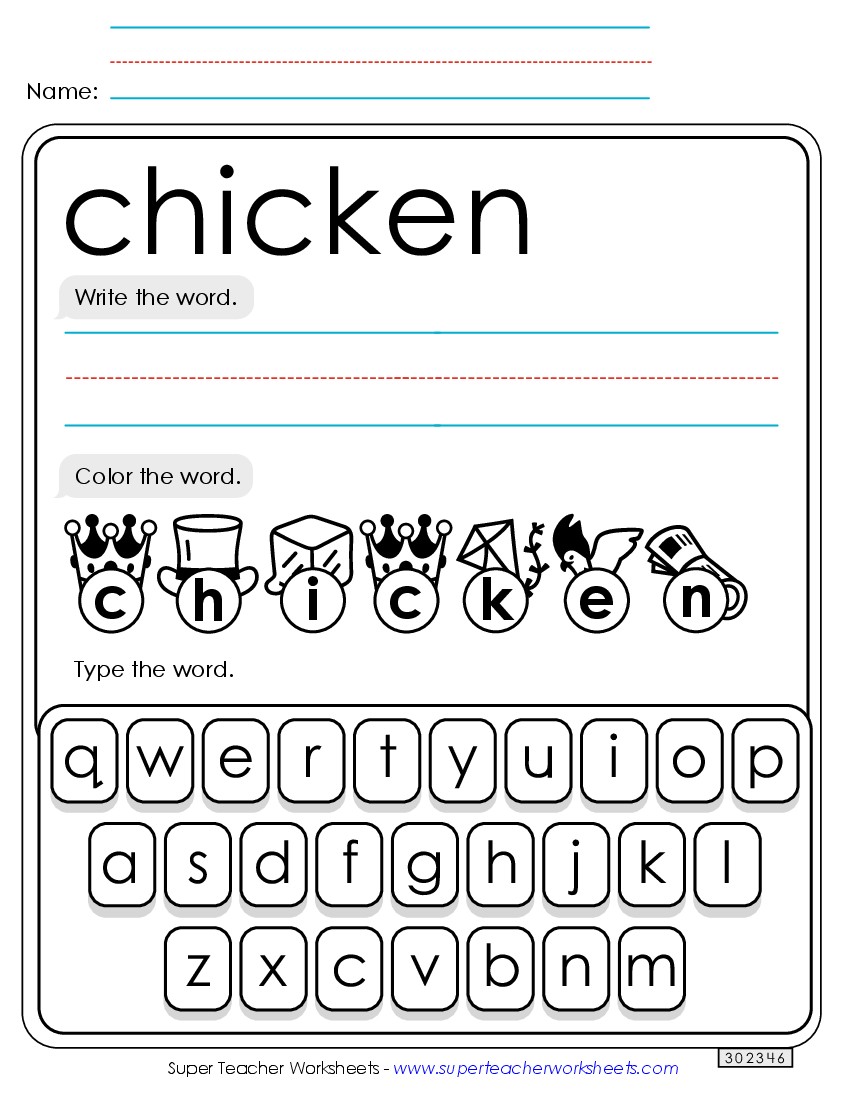 Write, Color, Type: Chicken Sight Words Individual Worksheet