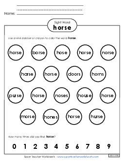 Dab or Color: Horse Sight Words Individual Worksheet