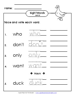 Read, Trace, Write (Unit 22) Sight Words Worksheet