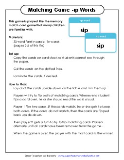 Memory Match Game (-ip) Word Families Worksheet