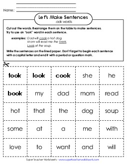 Make Sentences: Word Cards (-ook) Word Families Worksheet