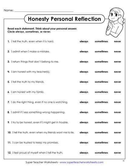 New Personal Reflection: Honesty Worksheet New Personal Reflection: Honesty Worksheet