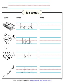 Trace and Write (-ick) Word Families Worksheet