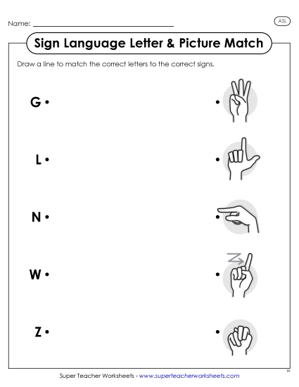New ASL Letter-Picture Match 4 Worksheet