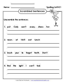 Scrambled Sentences (B-21) Free Spelling B Worksheet