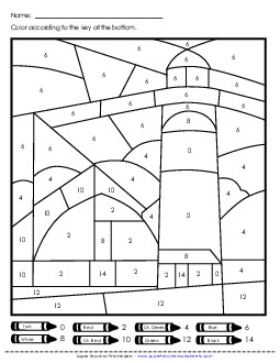 Double Color-by-Number: Farm or Lighthouse Color By Number Worksheet