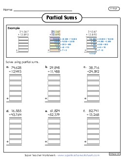 New 5-Digit Partial Sums Addition (with Example) Spanish Worksheet