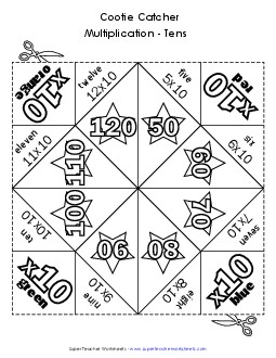 Cootie Catcher: Multiplication by 10s Worksheet