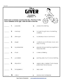 Vocab for Chapters 1-5 Free Book The Giver Worksheet