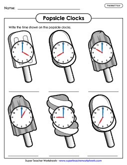 Popsicle Clocks - Nearest Hour Summer Worksheet