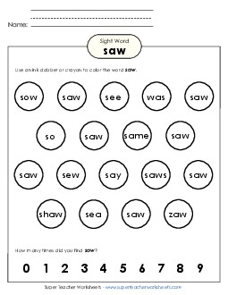 Dab or Color: Saw Sight Words Individual Worksheet