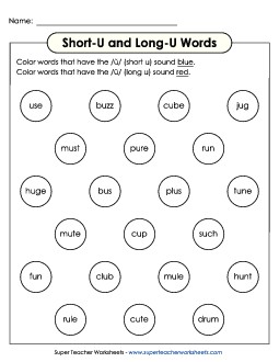 Dabber Activity: Long U and Short U Phonics Long Short U Worksheet