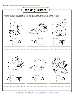 Missing Letters (-ap) Word Families Worksheet