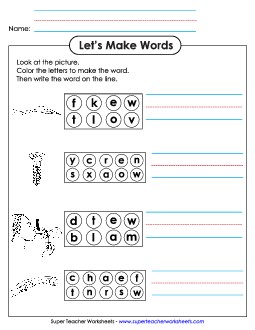 Color the Letters & Write (-ew) Word Families Worksheet