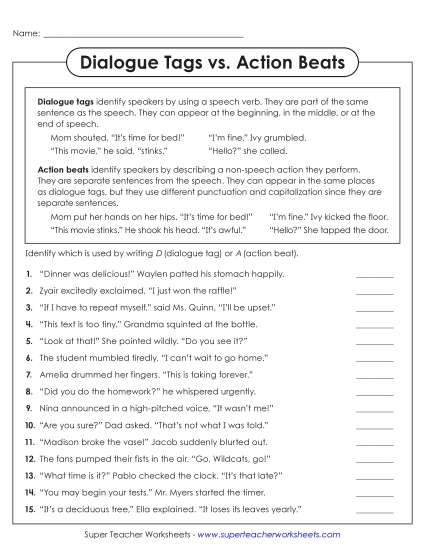 aIdentify Dialogue Tags vs. Action Beats