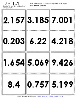 Ordering Card Sort Game: Tenths, Hundredths, Thousandths Place Value Worksheet