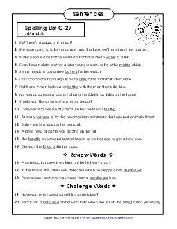 Spelling Test Sentences (C-27) Spelling C Worksheet