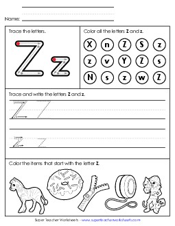 Tracing, Writing, and Recognizing Letter Z Alphabet Worksheet