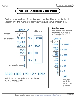 Partial Quotients Anchor Chart  (4-Digit by 1-Digit) Division Worksheet