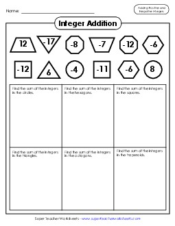 Shape Math: Adding Integers Worksheet