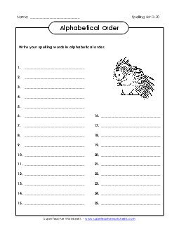 ABC Order: Write List (D-20) Spelling D Worksheet