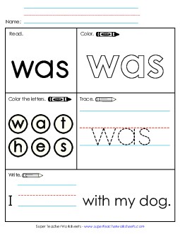 Was (Sight Word) Sight Words Individual Worksheet