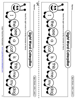 Sight Word Caterpillar: Units 1 and 2 Sight Words Worksheet