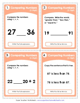 Task Cards: Comparing 2-Digits Place Value Worksheet