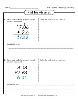 Find the Mistakes (Addition) Worksheet