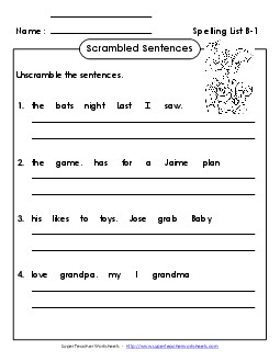 Scrambled Sentences (B-1) Free Spelling B Worksheet