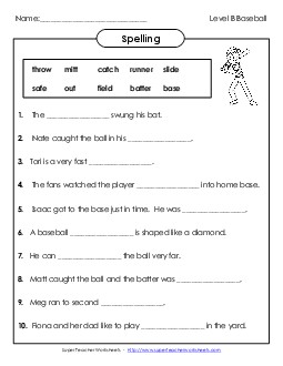 Sentence Completion (B-Baseball)  Spelling B Worksheet