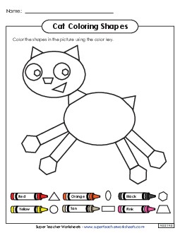 Coloring Shapes - Cat Geometry Worksheet