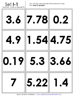 Ordering Card Sort Game: Tenths and Hundredths Place Value Worksheet