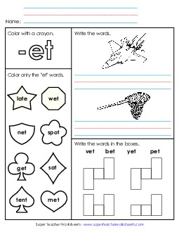 Worksheet 1 (-et Words) Word Families Worksheet