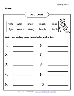 ABC Order: Write List (B-30) Spelling B Worksheet