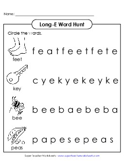 Long E: Horizontal Word Hunt (Illustrated) Phonics Long Short E Worksheet