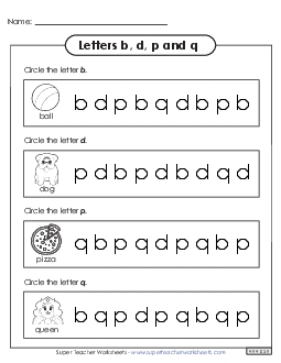 Circle b, d, p, q Letters Reversals Worksheet