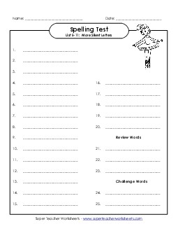 Spelling Test (E-11) Free Spelling E Worksheet