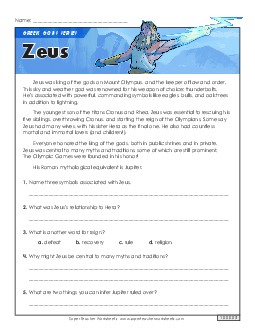 Zeus  Reading Comprehension Reading Comp Short Worksheet