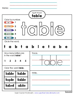 Worksheet 4: Table Sight Words Individual Worksheet