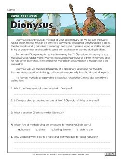 Dionysus Reading Comprehension Reading Comp Short Worksheet