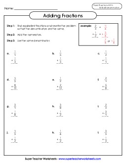 Adding Fractions 5th Grade Math Worksheet