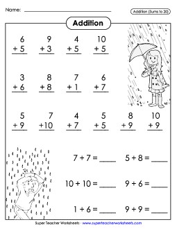 Basic Addition Facts:  Rainy Day Worksheet